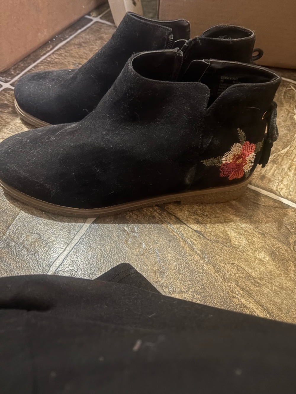 comfortview Black Suede Ankle Booties with Embroidered Floral Accent